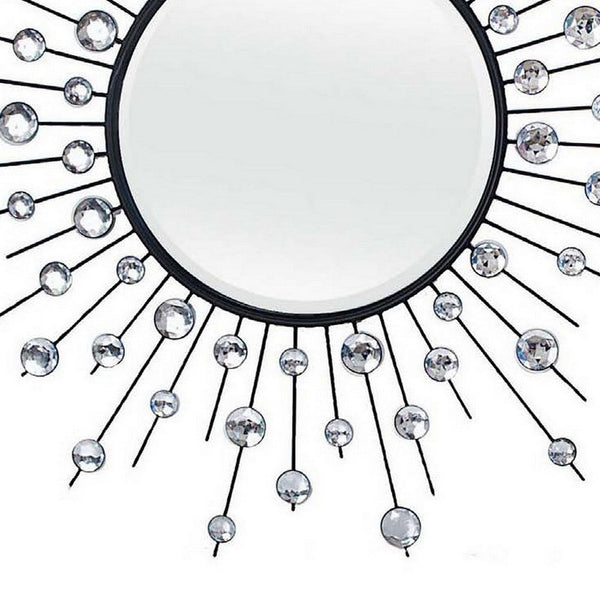 Benzara 32 Inch Wall Decor Round Mirror Sunburst Style Metal Black Silver - BM309819