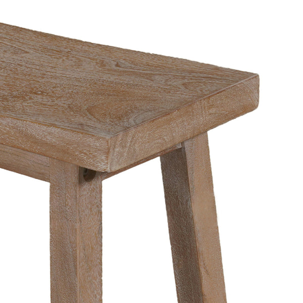 Benzara 33 Inch Saddle Seat Bench With Angled Frame Sandblasted Antique Brown Acacia Wood - BM214019