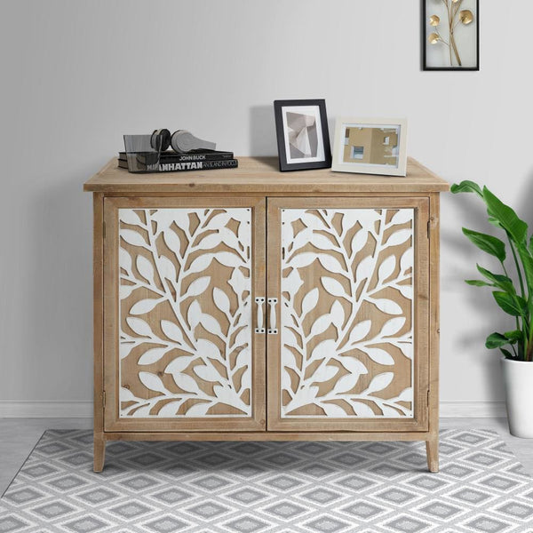 benzara 34 Inch Wood Console Buffet Cabinet Sideboard Table with Mirror Motifs - UPT-250433
