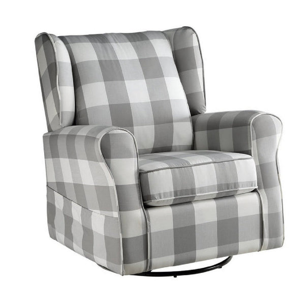 Benzara 35 Inch Accent Swivel Chair Glider Checkered Fabric Light Gray - BM279086