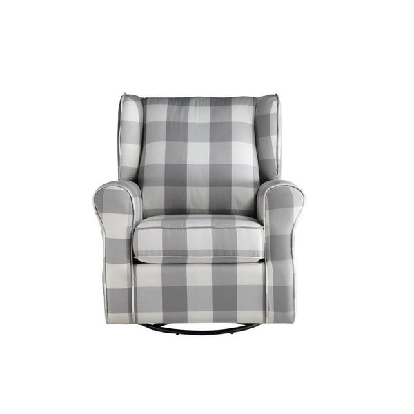 Benzara 35 Inch Accent Swivel Chair Glider Checkered Fabric Light Gray - BM279086
