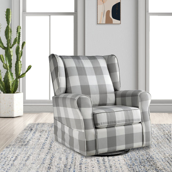 benzara 35 Inch Accent Swivel Chair Glider Checkered Fabric Light Gray - BM279086