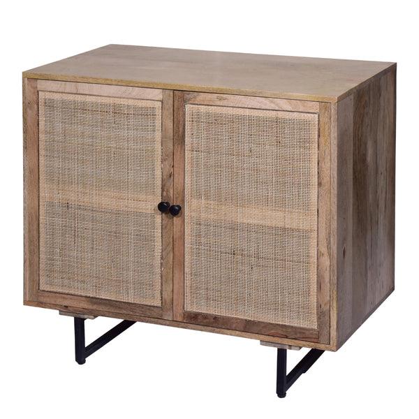Benzara 35 Inch Handcrafted Accent Cabinet With 2 Mesh Rattan Doors Black Iron Legs Natural Brown Mango Wood Frame - UPT-272530