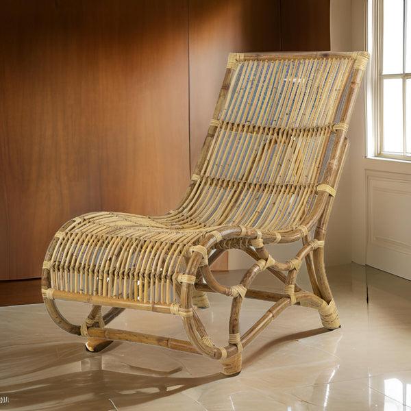 benzara 35 Inch Retro Style Rattan Lounge Chair Slatted Support Natural Brown - BM284789