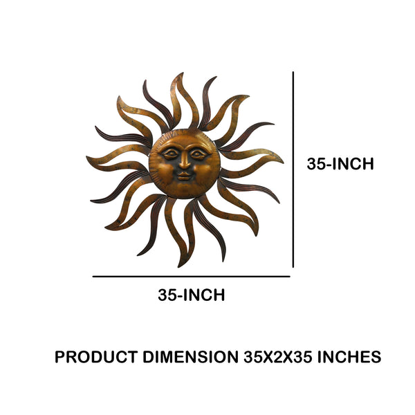 Benzara 35 Inch Round Hanging Metal Sun Wall Art Decor With Facial Details Bronze - BM07981