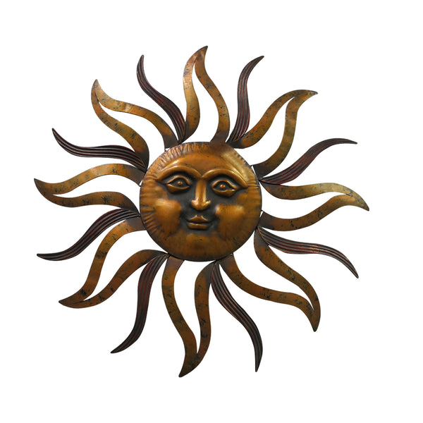 Benzara 35 Inch Round Hanging Metal Sun Wall Art Decor With Facial Details Bronze - BM07981