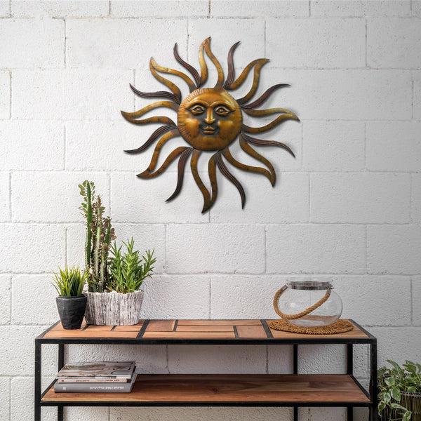 benzara 35 Inch Round Hanging Metal Sun Wall Art Decor with Facial Details Bronze - BM07981