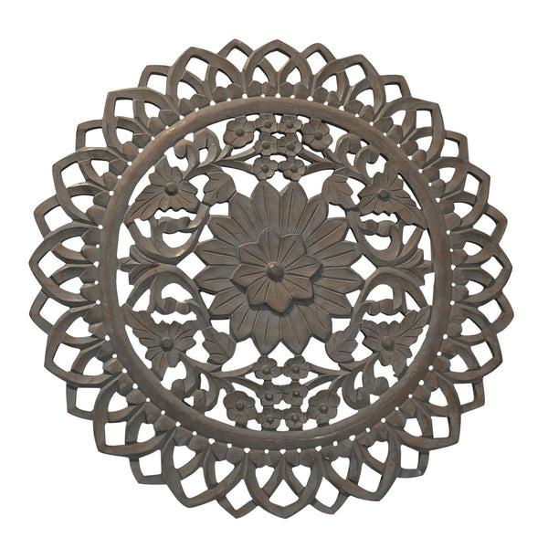 Benzara 36 Inch Handcarved Wooden Round Wall Art With Floral Carving Distressed Brown - UPT-225288
