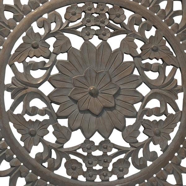 Benzara 36 Inch Handcarved Wooden Round Wall Art With Floral Carving Distressed Brown - UPT-225288