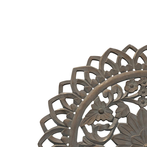 Benzara 36 Inch Handcarved Wooden Round Wall Art With Floral Carving Distressed Brown - UPT-225288