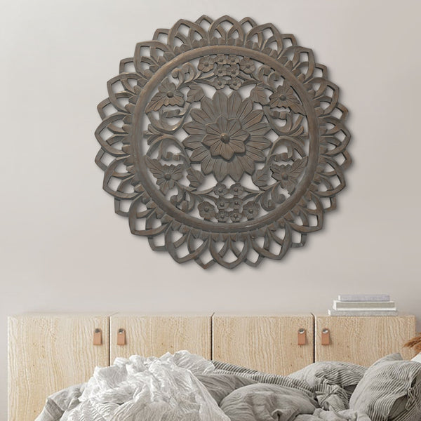 benzara 36 Inch Handcarved Wooden Round Wall Art with Floral Carving Distressed Brown - UPT-225288