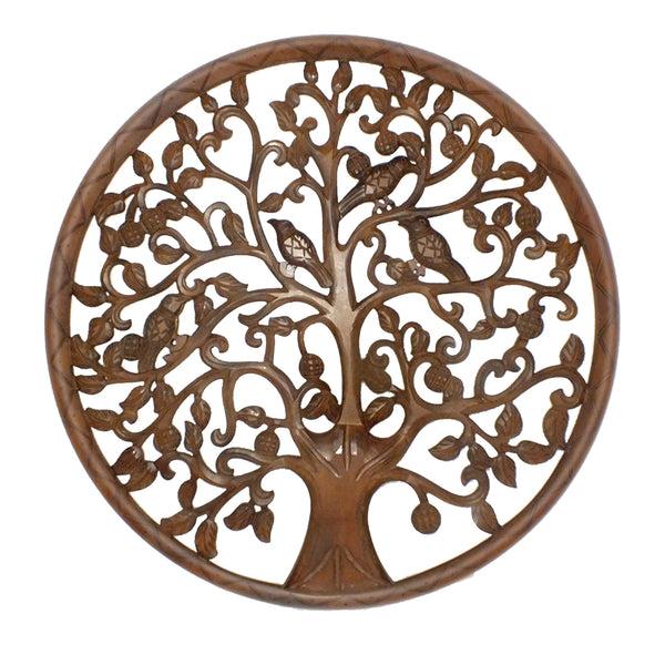 Benzara 36 Inch Round Wooden Wall Art Decor Tree Of Life Art Carved Cutout Design Sitting Birds Walnut - UPT-195272