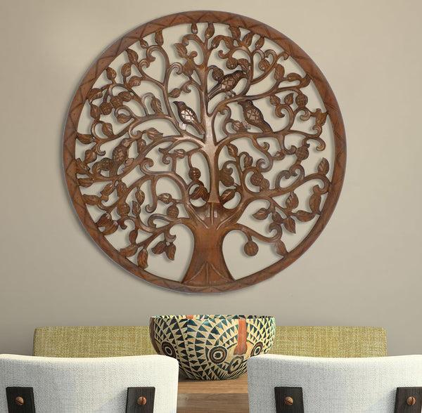 benzara 36 Inch Round Wooden Wall Art Decor Tree of Life Art Carved Cutout design Sitting Birds Walnut - UPT-195272