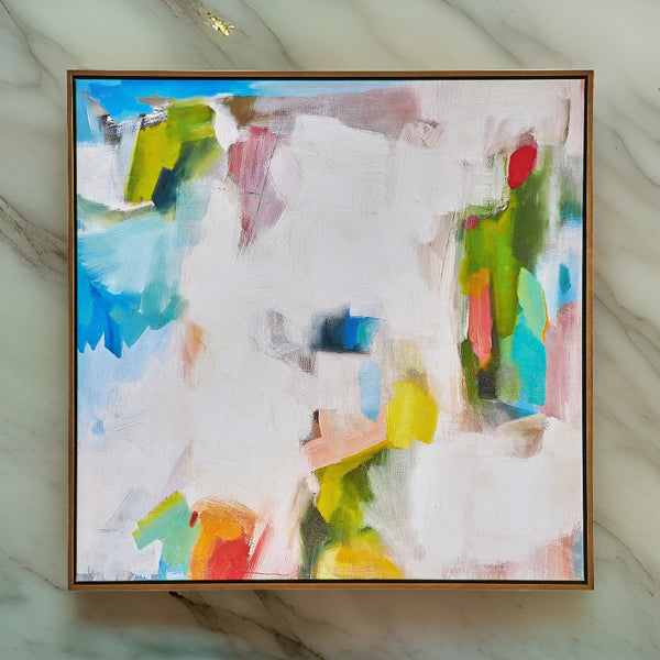 benzara 37 x 37 Handcrafted Wall Art Isles Dream on Framed Canvas Gold White Blue - BM315748