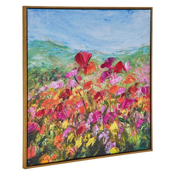 Benzara 37 X 37 Handcrafted Wall Art Poppies Hillside On Framed Canvas Gold Red - BM315750