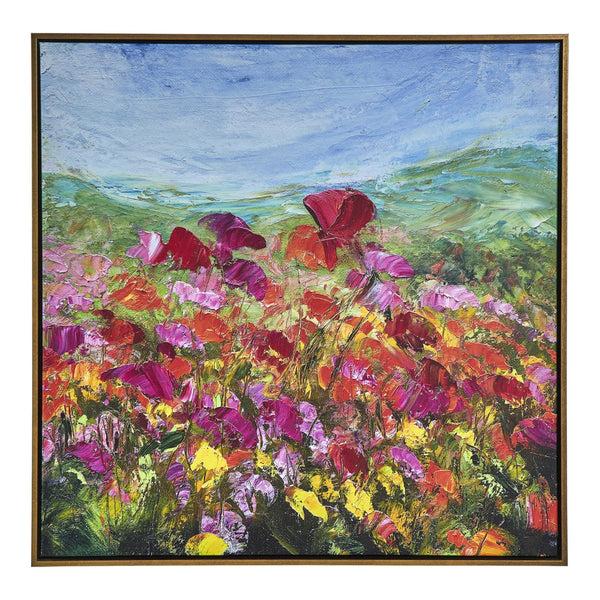 Benzara 37 X 37 Handcrafted Wall Art Poppies Hillside On Framed Canvas Gold Red - BM315750