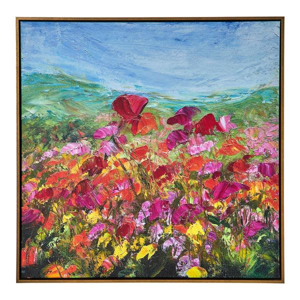 Benzara 37 X 37 Handcrafted Wall Art Poppies Hillside On Framed Canvas Gold Red - BM315750