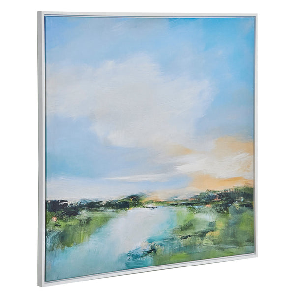 Benzara 37 X 37 Wall Art River Evening Giclee On Framed Canvas White Blue - BM315747