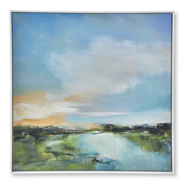 Benzara 37 X 37 Wall Art River Evening Giclee On Framed Canvas White Blue - BM315747