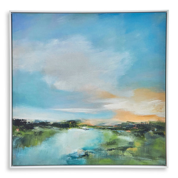 benzara 37 x 37 Wall Art River Evening Giclee on Framed Canvas White Blue - BM315747
