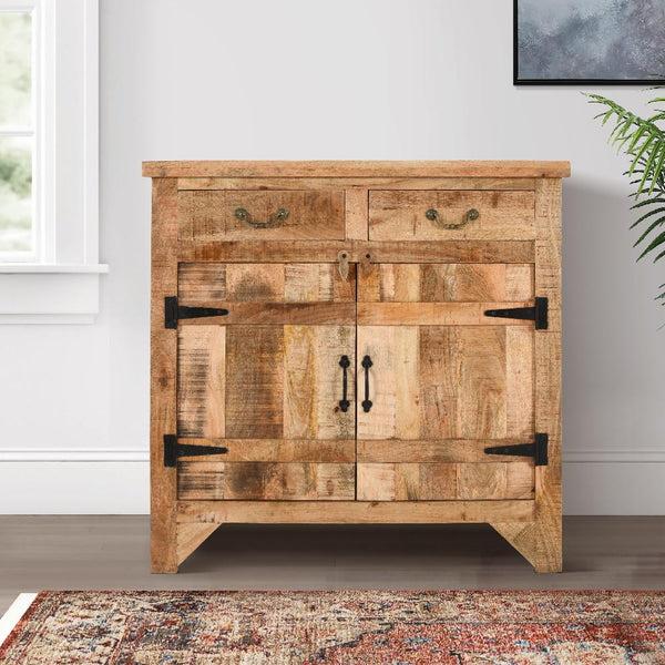 Benzara 39 Inch Artisanal Farmhouse Style 2 Drawer Mango Wood Cabinet Console With 2 Door Storage Rustic Brown - UPT-197307