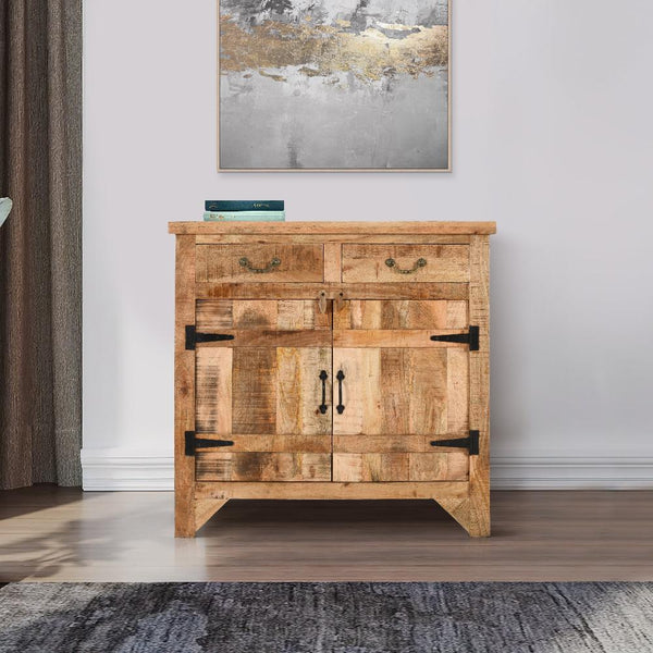 benzara 39 Inch Artisanal Farmhouse Style 2 Drawer Mango Wood Cabinet Console with 2 Door Storage Rustic Brown - UPT-197307