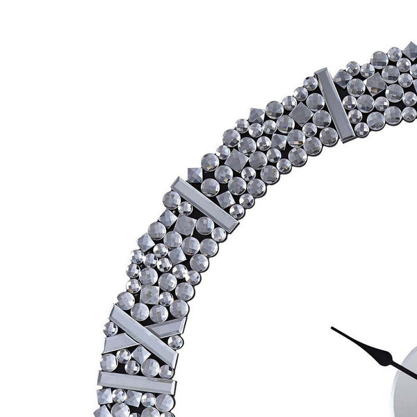 Benzara 39 Inch Modern Analog Wall Clock Faux Gem Inlay Quartz Silver - BM280297