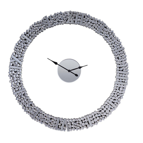 benzara 39 Inch Modern Analog Wall Clock Faux Gem Inlay Quartz Silver - BM280297
