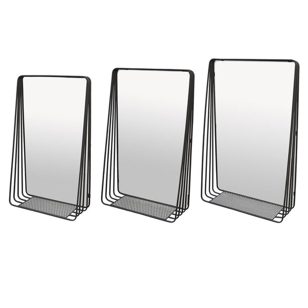 Benzara 3pc Decorative Wall Mirror With Shelf Set Black Metal Rectangular -BM330980