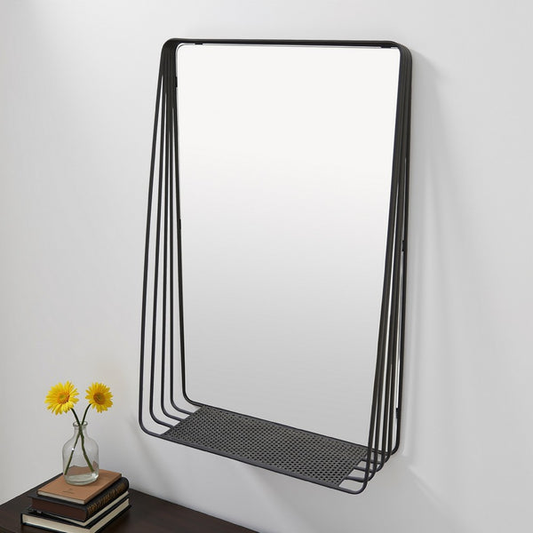 benzara 3pc Decorative Wall Mirror with Shelf Set Black Metal Rectangular -BM330980
