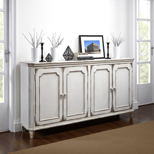 benzara 4 Panel Door Cabinet with Fluted Detail in Antique White - BM210643