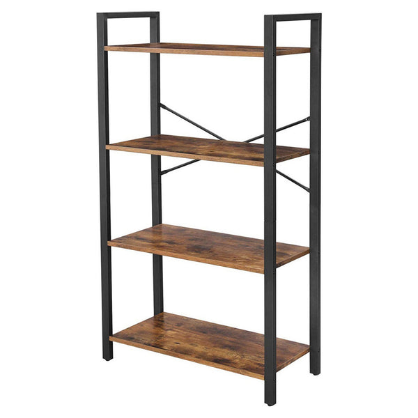 Benzara 4 Tier Wood And Metal Bookcase With Criss Cross Back Rustic Brown And Black - BM217079