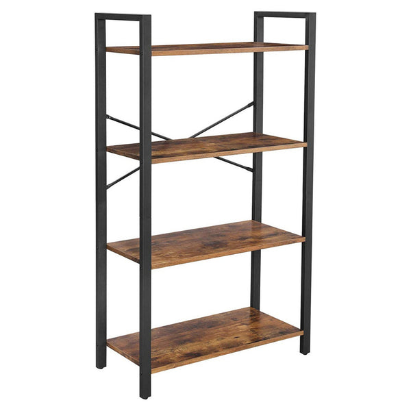 benzara 4 Tier Wood and Metal Bookcase with Criss Cross Back Rustic Brown and Black - BM217079