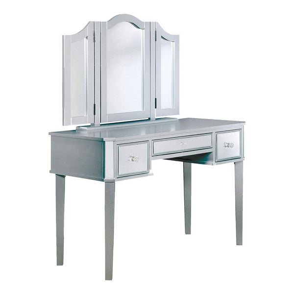 Benzara 43 Inch Vanity Desk With Stool Drawers 3 Sided Mirrors Silver Wood Frame - BM312288