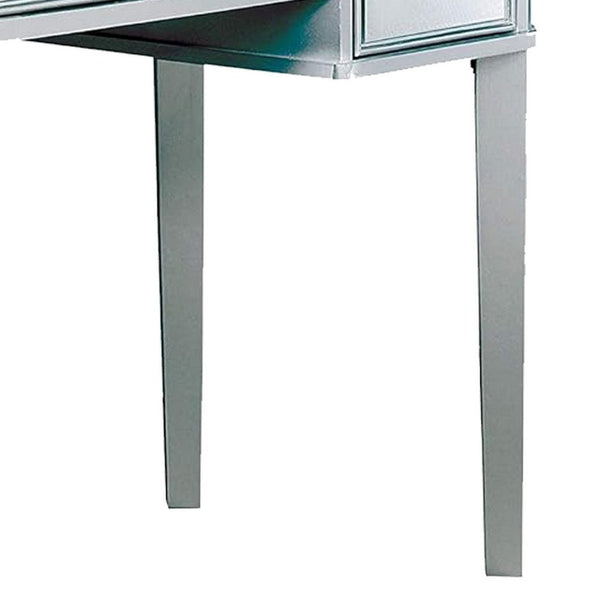 Benzara 43 Inch Vanity Desk With Stool Drawers 3 Sided Mirrors Silver Wood Frame - BM312288