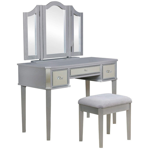 benzara 43 Inch Vanity Desk with Stool Drawers 3 Sided Mirrors Silver Wood Frame - BM312288