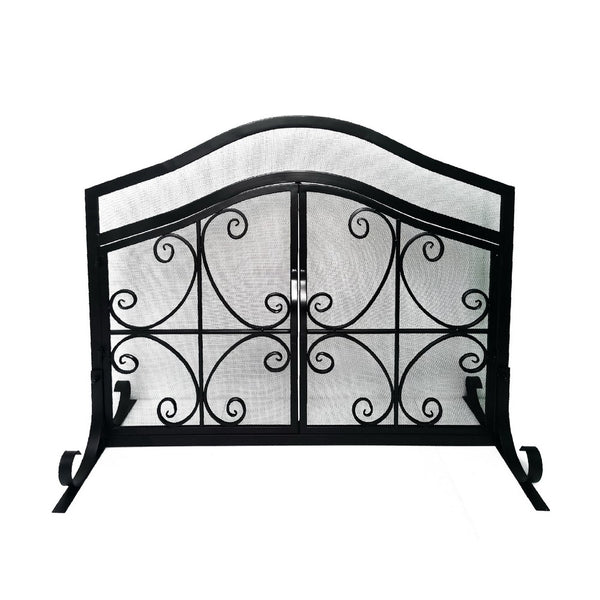 Benzara 43 Inches 2 Door Iron Fireplace Screen Mesh Design Scrollwork Black - UPT-232048
