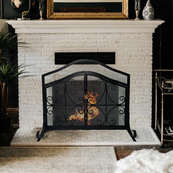 benzara 43 Inches 2 Door Iron Fireplace Screen Mesh Design Scrollwork Black - UPT-232048