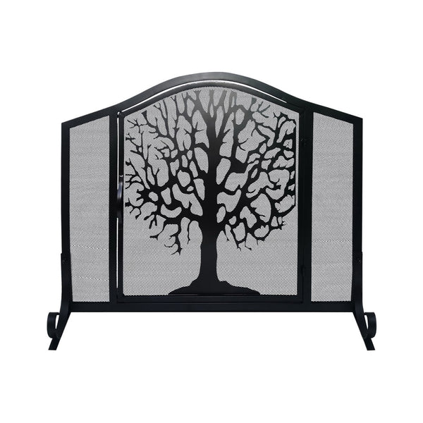 Benzara 43 Inches 3 Panel Iron Fireplace Screen Mesh Design Arched Top Tree Of Life Art Black - UPT-232047
