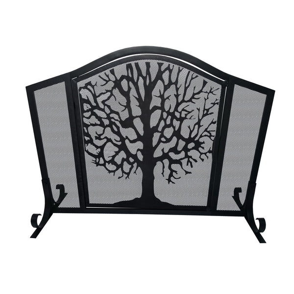 Benzara 43 Inches 3 Panel Iron Fireplace Screen Mesh Design Arched Top Tree Of Life Art Black - UPT-232047