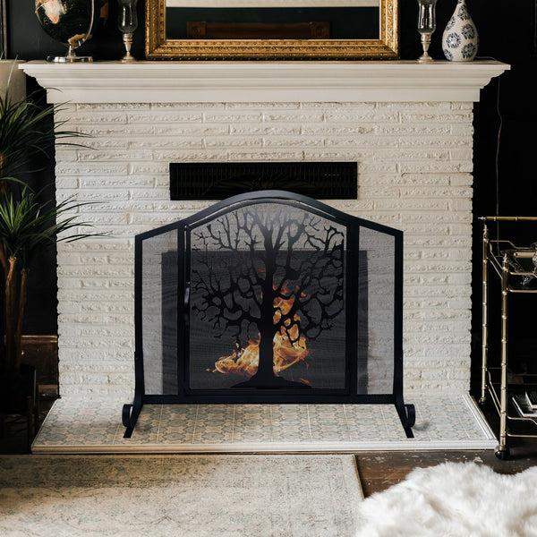 benzara 43 Inches 3 Panel Iron Fireplace Screen Mesh Design Arched Top Tree of Life Art Black - UPT-232047