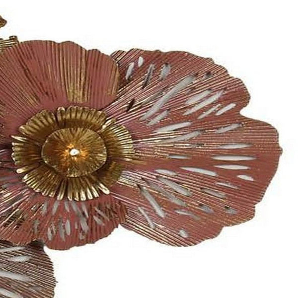 Benzara 45 Inch Hanging Wall Art Decor 3D Multiple Flowers Metal Brown Gold - BM315672