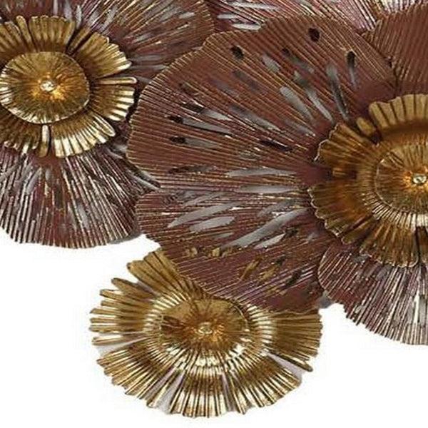Benzara 45 Inch Hanging Wall Art Decor 3D Multiple Flowers Metal Brown Gold - BM315672