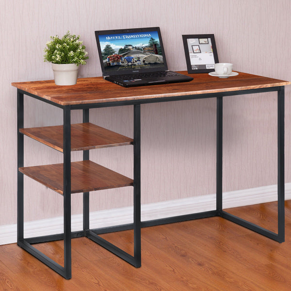 benzara 45 Inch Tubular Metal Frame Desk with Wooden Top and 2 Side Shelves Brown and Black - UPT-195123