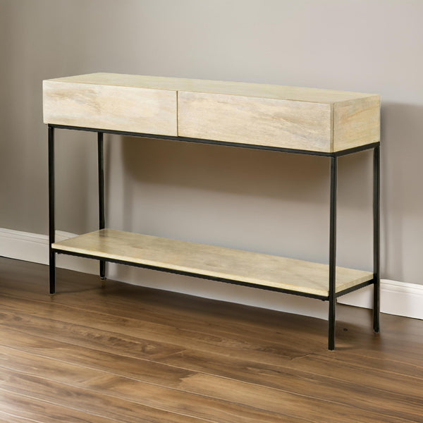 benzara 46 Inch 2 Drawer Console Table with Open Shelf Sleek Straight Legs Black - BM296793