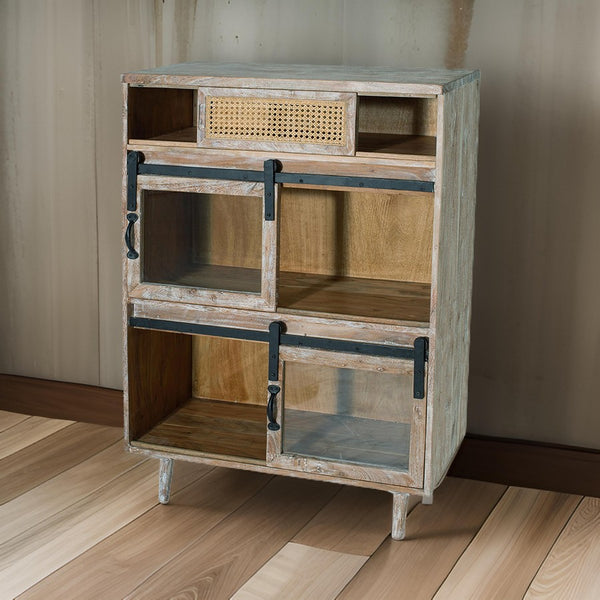 benzara 47 Inch Sideboard Server Cabinet Sliding Doors Iron Sandblast White Wood - BM311993