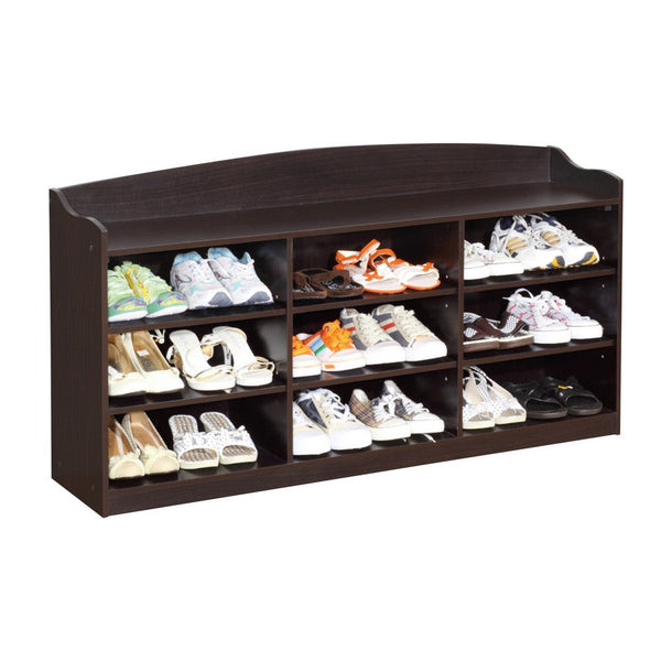 benzara 48 Inch Classic Wood Shoe Rack 9 Cubbies Elegant Wood Grains Dark Brown - BM282631