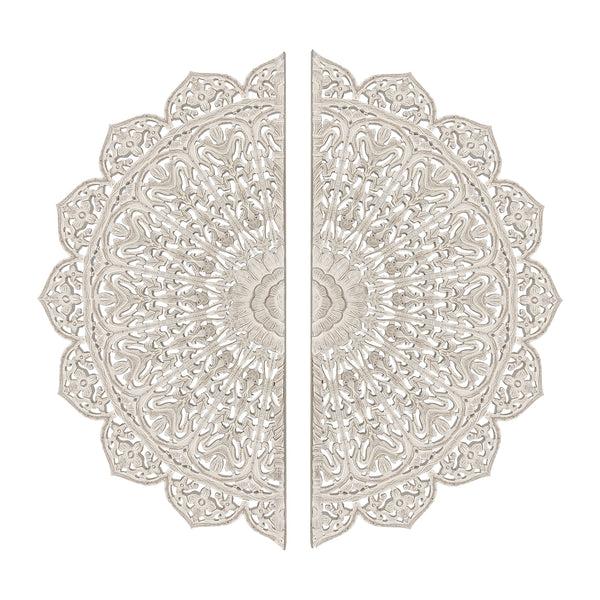 Benzara 48 Inch Half Moon Hand Carved Floral Mango Wood Wall Panel Decor Antique White - UPT-226284