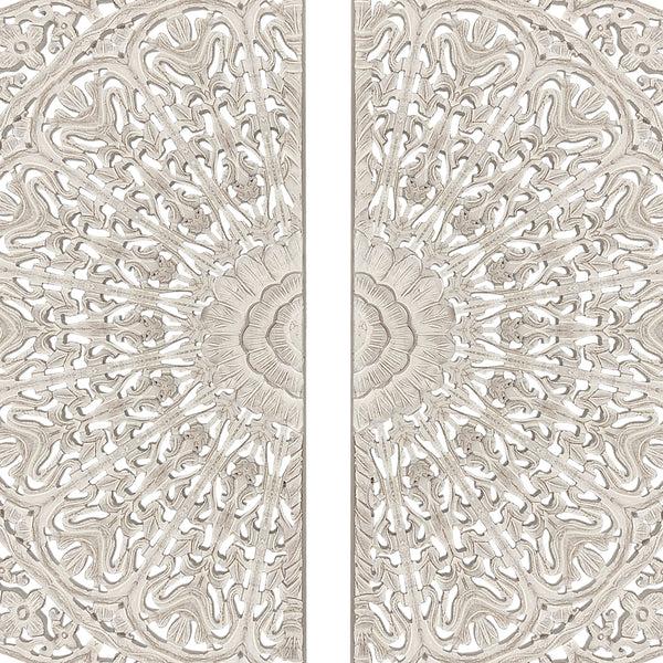 Benzara 48 Inch Half Moon Hand Carved Floral Mango Wood Wall Panel Decor Antique White - UPT-226284