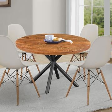 Benzara 48 Inch Handcrafted Dining Table Solid Mango Wood Round Top With Iron Crisscrossed Legs Natural Brown And Black - UPT-273762